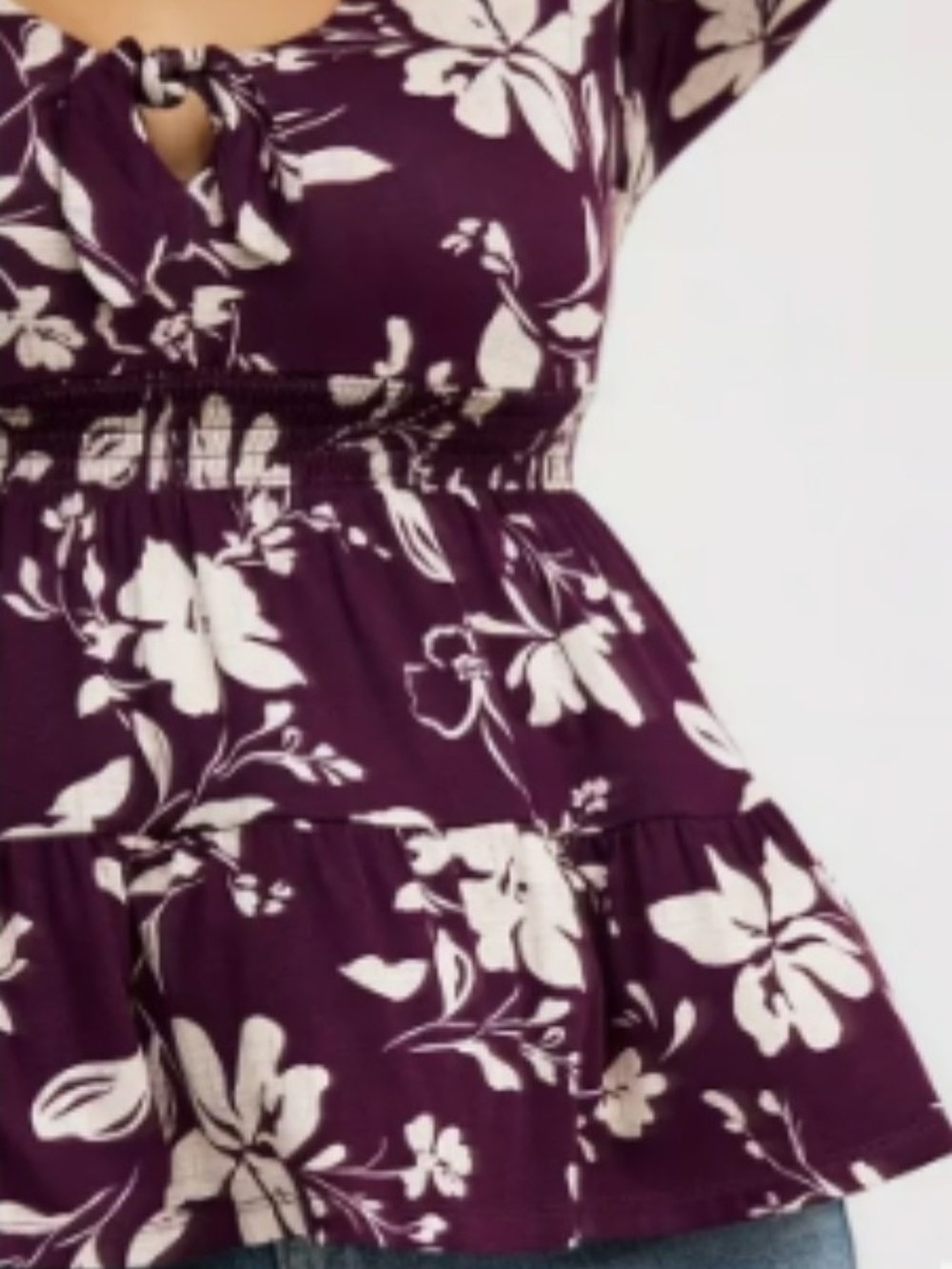 Torrid Tie Front Short Sleeve Babydoll Peplum Top- Plum Floral 1X - Picture 3 of 10